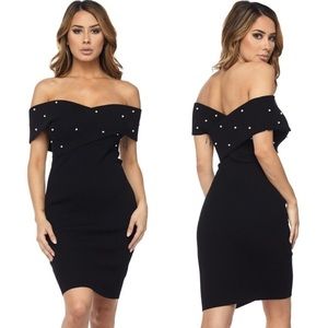 🖤LAST ONE🖤 Romantic Ribbed Pearl Detail Off-Shoulder Bodycon - Black (C)